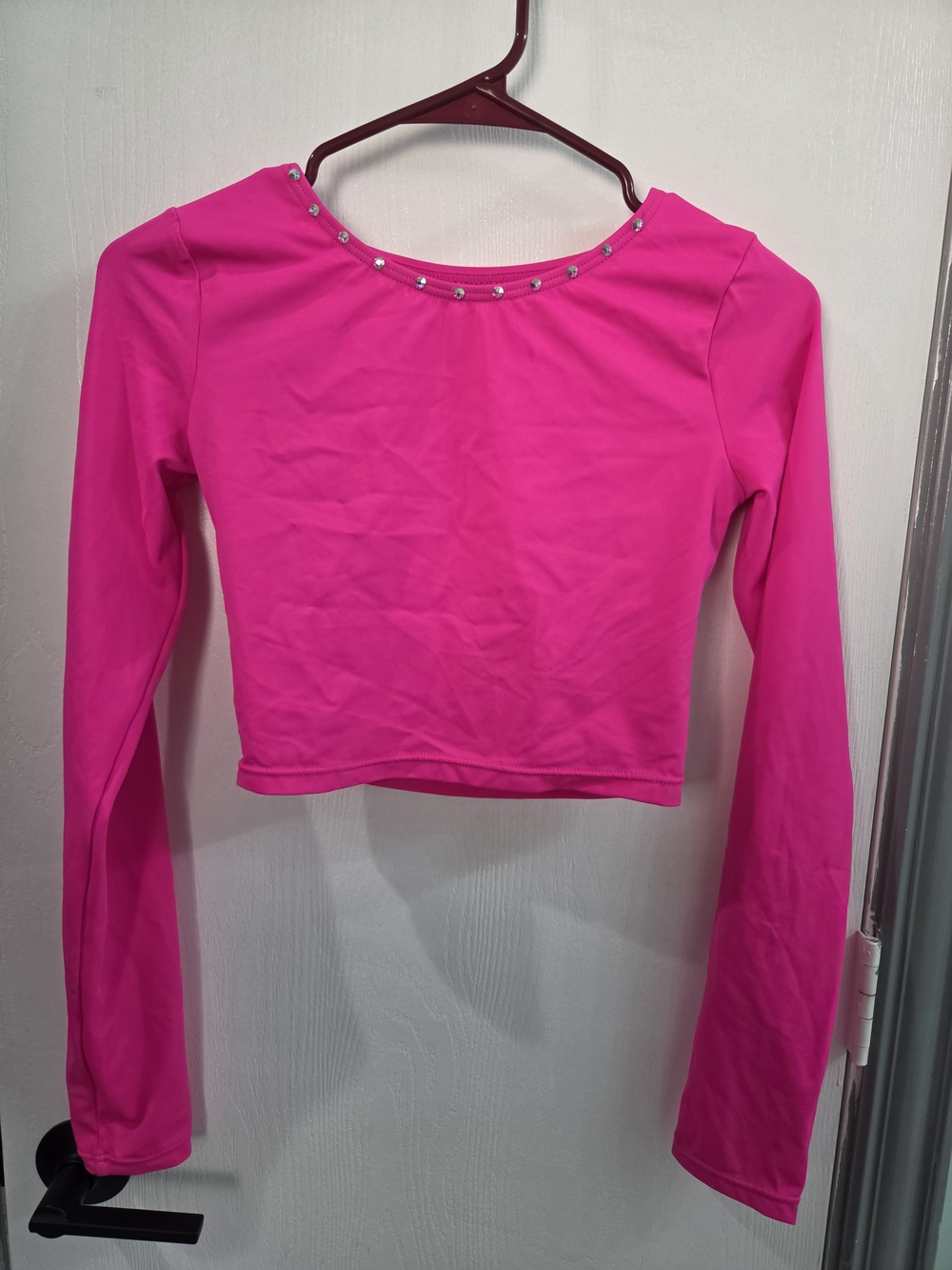 balera Hot Pink Long-Sleeve Cropped Top with Custom Swarovski Neckline